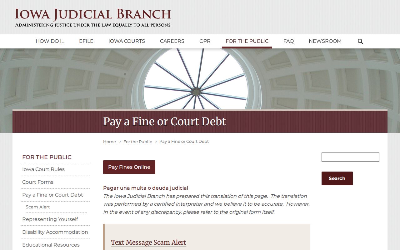 Official Iowa Courts Online fine and court debt payment route