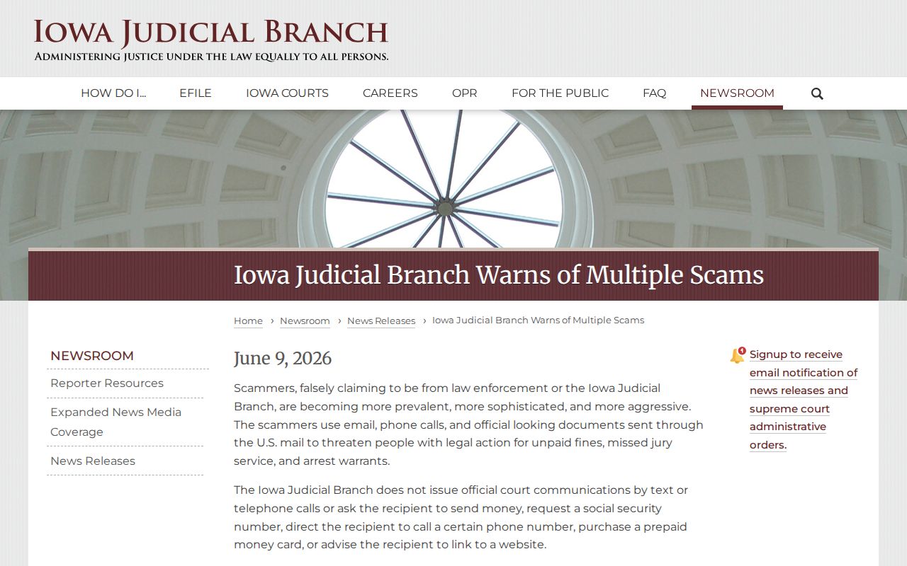 Iowa Judicial Branch warning about fake warrant calls and texts
