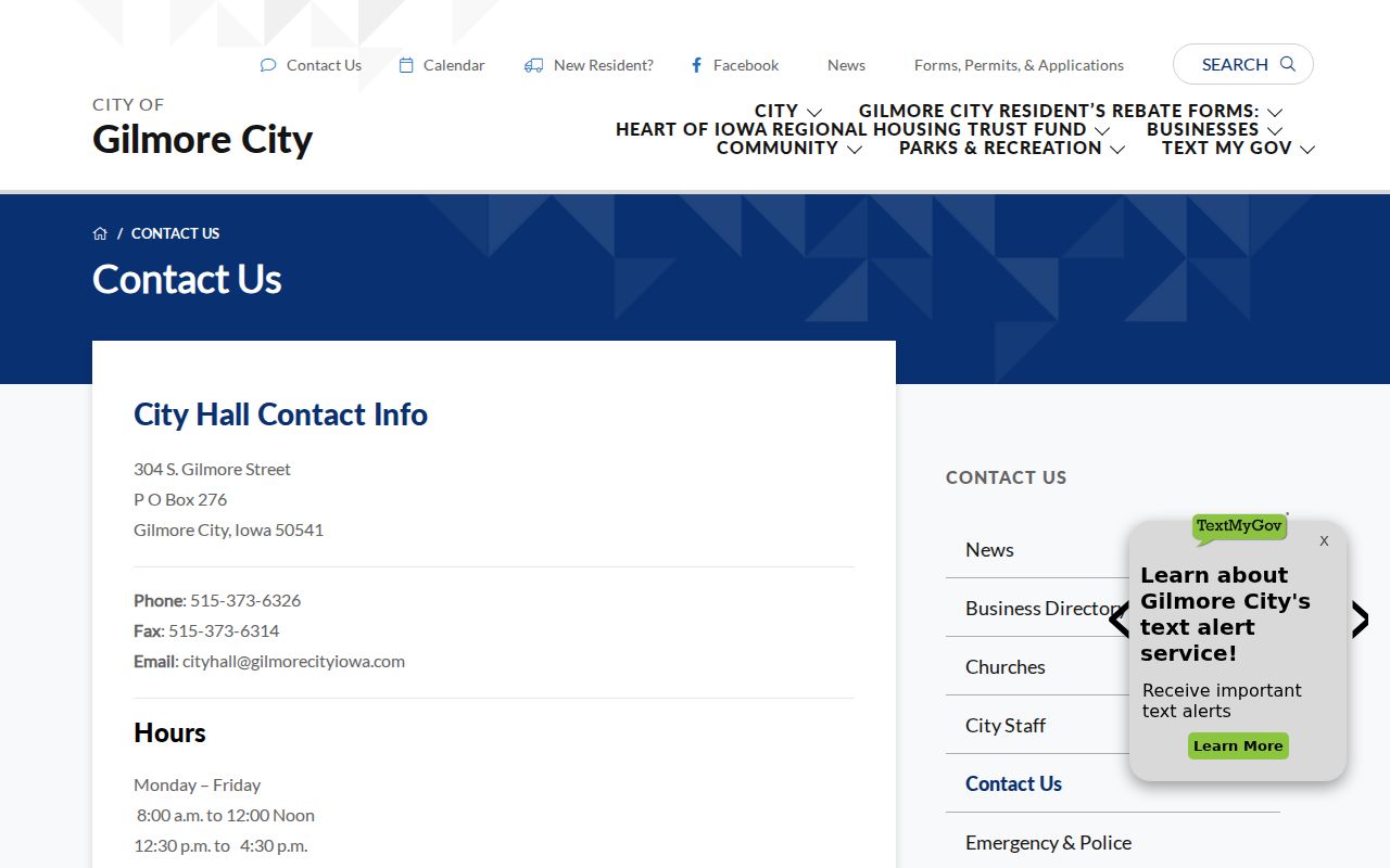 Official Gilmore City Hall contact information and hours