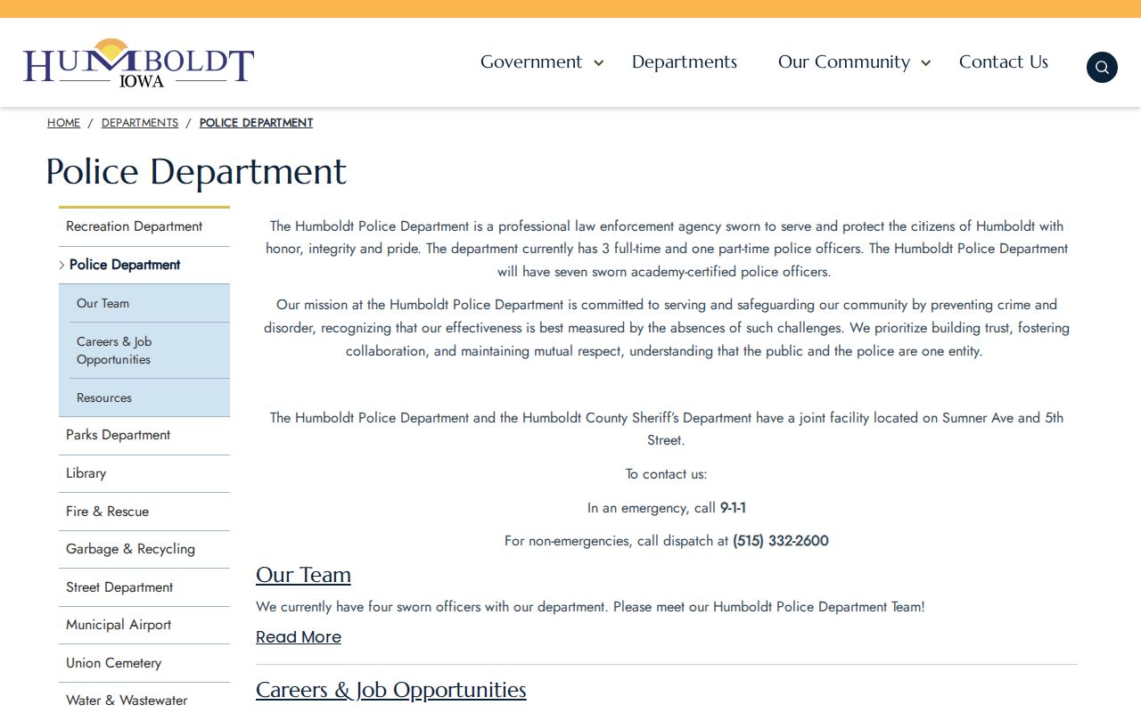 City of Humboldt Police Department information and joint sheriff facility details